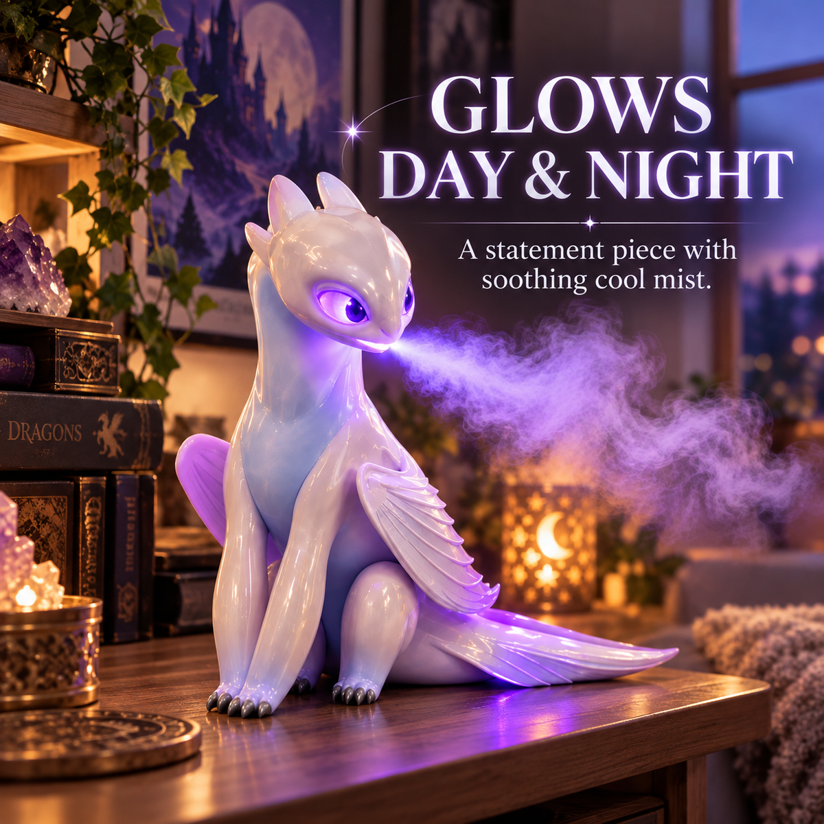 🐉 💨Mystic White Dragon Mist Humidifier ✨ Glowing LED Cool Mist Diffuser & Fantasy Desk Decor
