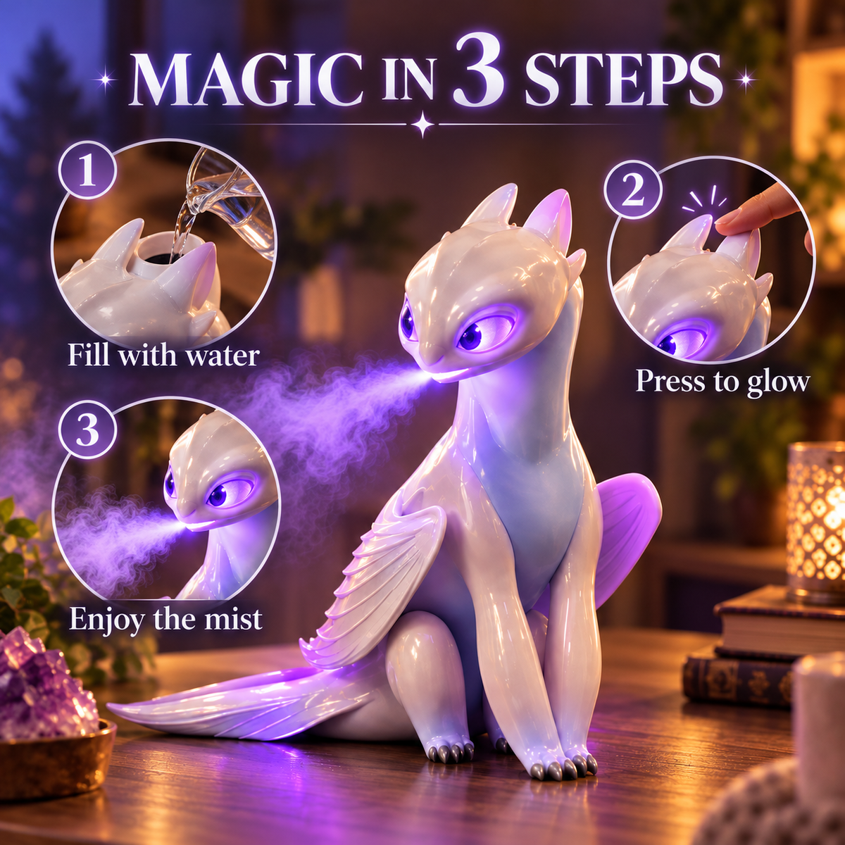 🐉 💨Mystic White Dragon Mist Humidifier ✨ Glowing LED Cool Mist Diffuser & Fantasy Desk Decor