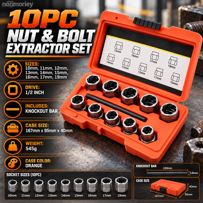 10-Piece Screw Extractor Set – Remove Stripped, Broken & Stuck Bolts with Ease