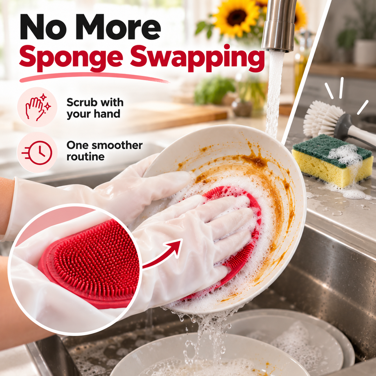 Dishwashing Gloves with Built-In Silicone Scrubber