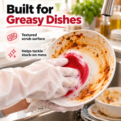 Dishwashing Gloves with Built-In Silicone Scrubber