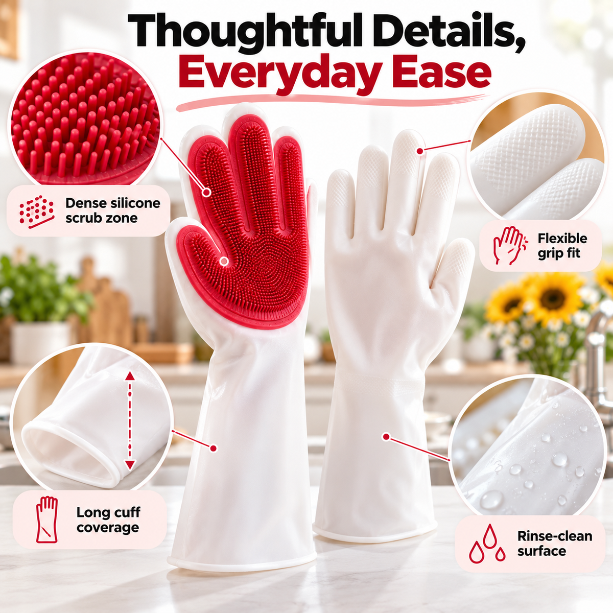 Dishwashing Gloves with Built-In Silicone Scrubber