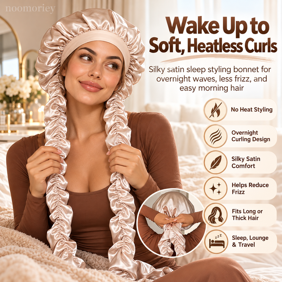 Heatless Curling Satin Bonnet – Overnight Hair Curling Cap with Extra-Long Ruched Wraps for Soft Waves & Frizz Care