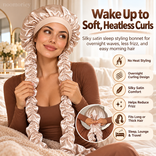 Heatless Curling Satin Bonnet – Overnight Hair Curling Cap with Extra-Long Ruched Wraps for Soft Waves & Frizz Care