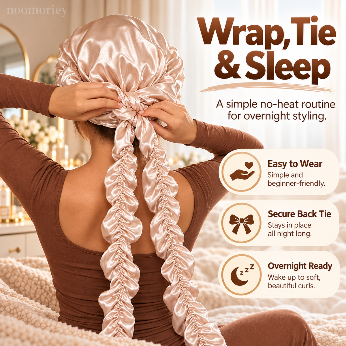 Heatless Curling Satin Bonnet – Overnight Hair Curling Cap with Extra-Long Ruched Wraps for Soft Waves & Frizz Care