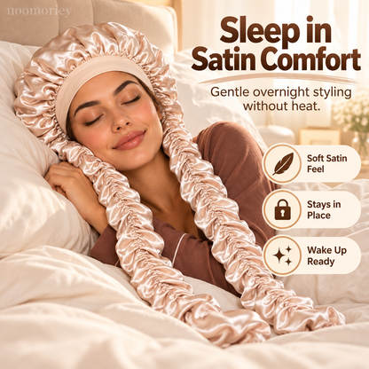 Heatless Curling Satin Bonnet – Overnight Hair Curling Cap with Extra-Long Ruched Wraps for Soft Waves & Frizz Care