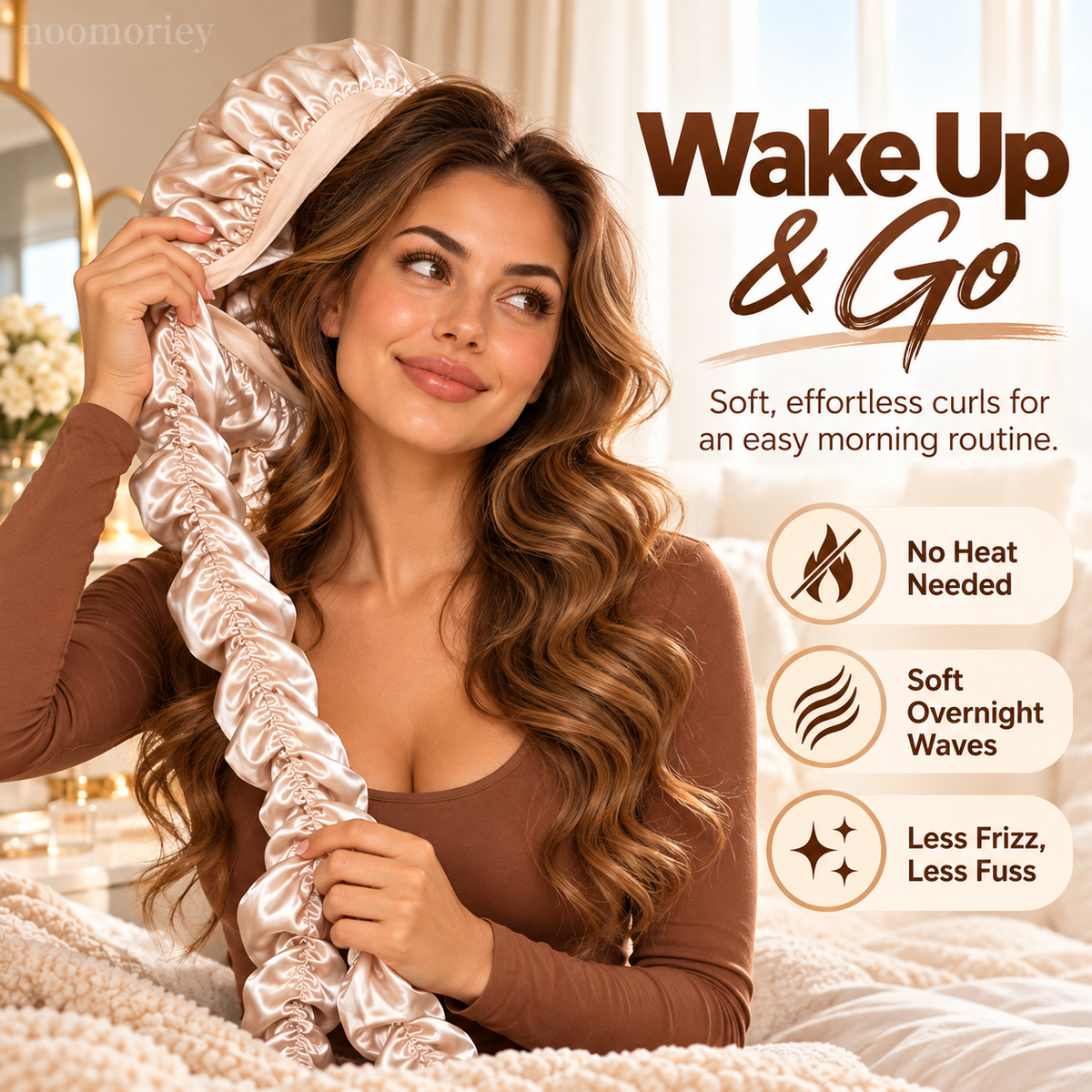 Heatless Curling Satin Bonnet – Overnight Hair Curling Cap with Extra-Long Ruched Wraps for Soft Waves & Frizz Care