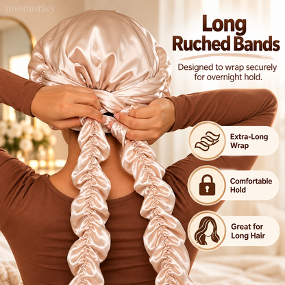 Heatless Curling Satin Bonnet – Overnight Hair Curling Cap with Extra-Long Ruched Wraps for Soft Waves & Frizz Care