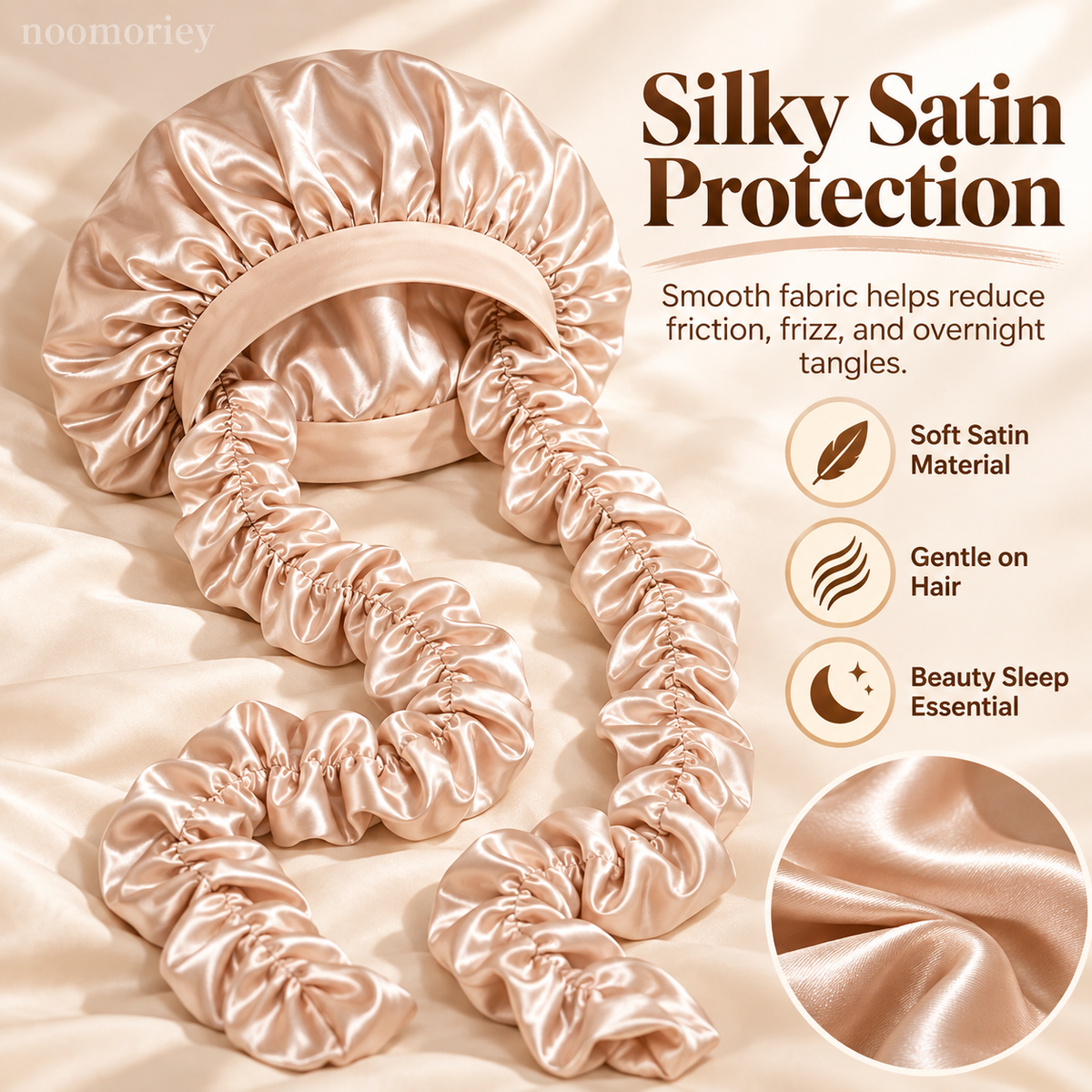 Heatless Curling Satin Bonnet – Overnight Hair Curling Cap with Extra-Long Ruched Wraps for Soft Waves & Frizz Care