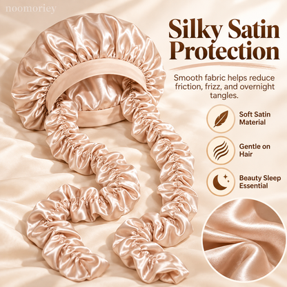 Heatless Curling Satin Bonnet – Overnight Hair Curling Cap with Extra-Long Ruched Wraps for Soft Waves & Frizz Care