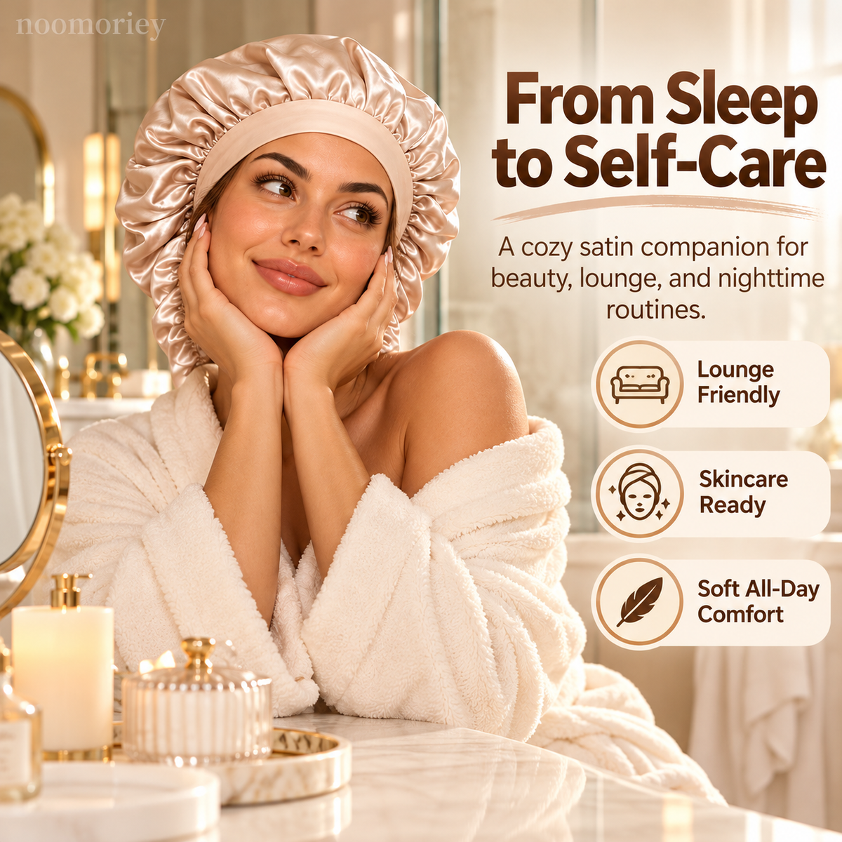 Heatless Curling Satin Bonnet – Overnight Hair Curling Cap with Extra-Long Ruched Wraps for Soft Waves & Frizz Care