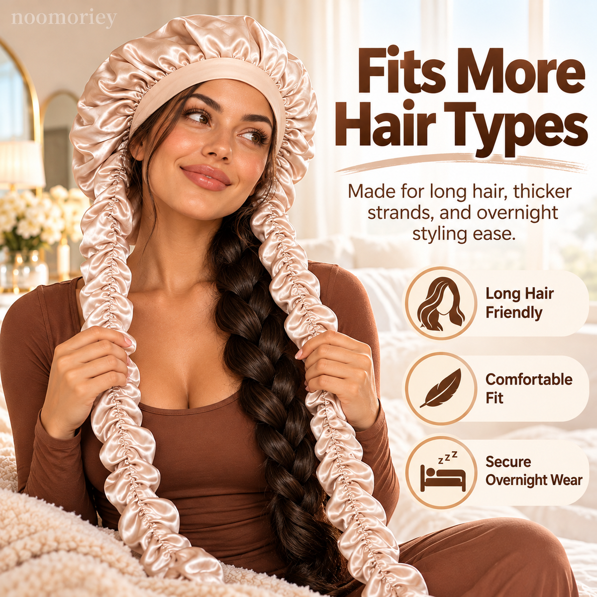 Heatless Curling Satin Bonnet – Overnight Hair Curling Cap with Extra-Long Ruched Wraps for Soft Waves & Frizz Care