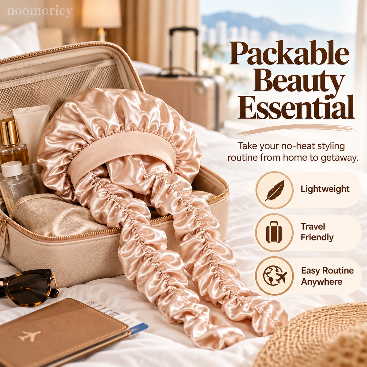 Heatless Curling Satin Bonnet – Overnight Hair Curling Cap with Extra-Long Ruched Wraps for Soft Waves & Frizz Care