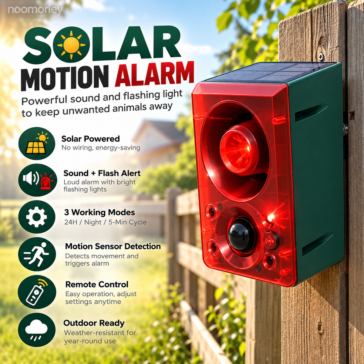Solar Powered Motion Sensor Alarm for Outdoor Animal Deterrent