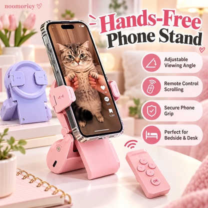 Hands-Free Phone Stand with Scroll Remote – Adjustable Folding Phone Holder for Bedside, Desk & Everyday Viewing