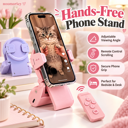 Hands-Free Phone Stand with Scroll Remote – Adjustable Folding Phone Holder for Bedside, Desk & Everyday Viewing