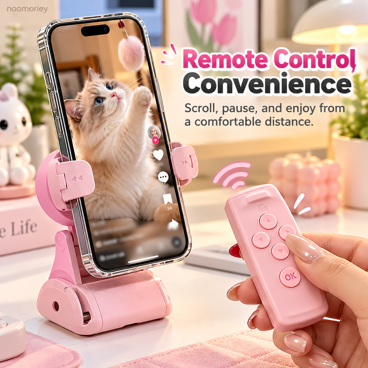 Hands-Free Phone Stand with Scroll Remote – Adjustable Folding Phone Holder for Bedside, Desk & Everyday Viewing