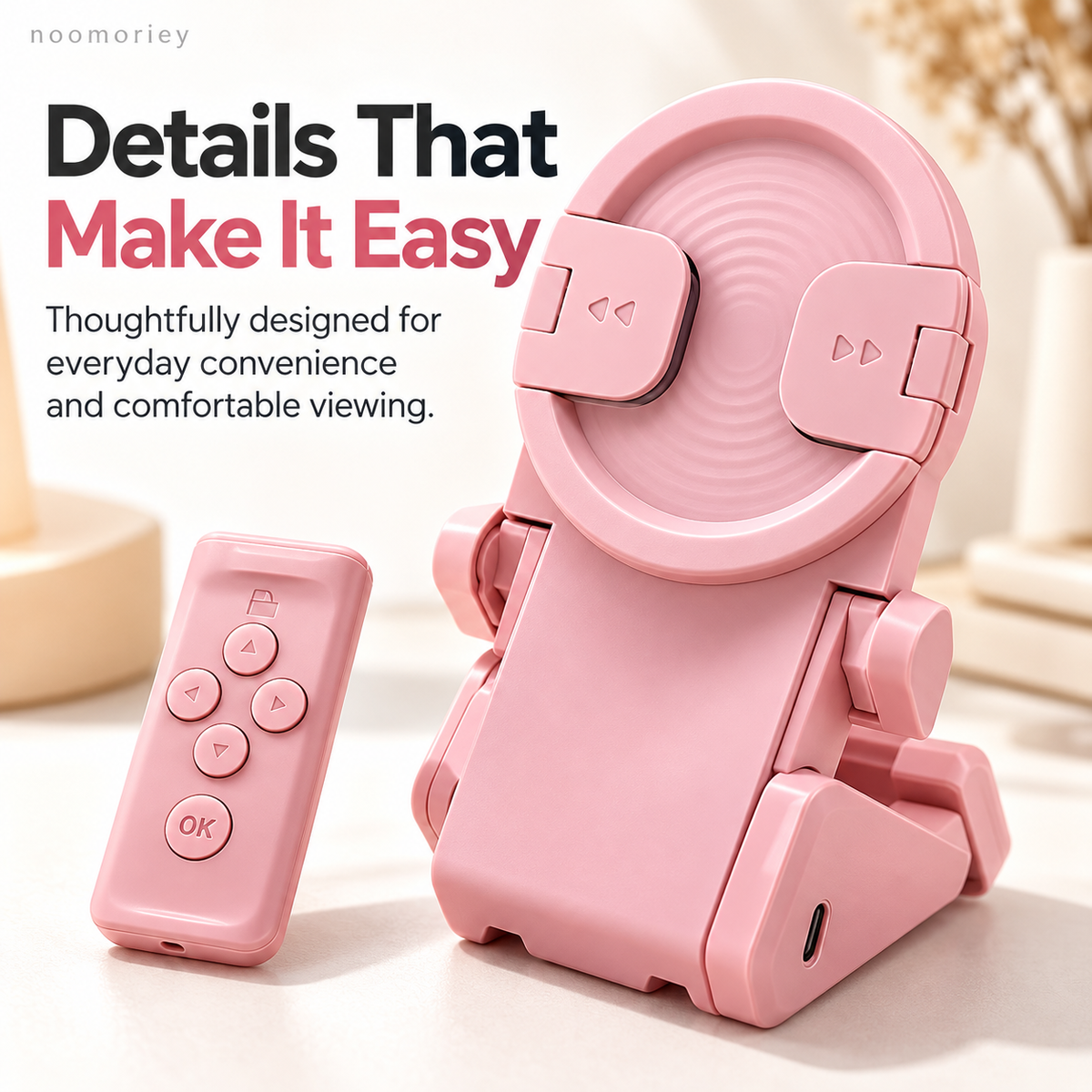 Hands-Free Phone Stand with Scroll Remote – Adjustable Folding Phone Holder for Bedside, Desk & Everyday Viewing