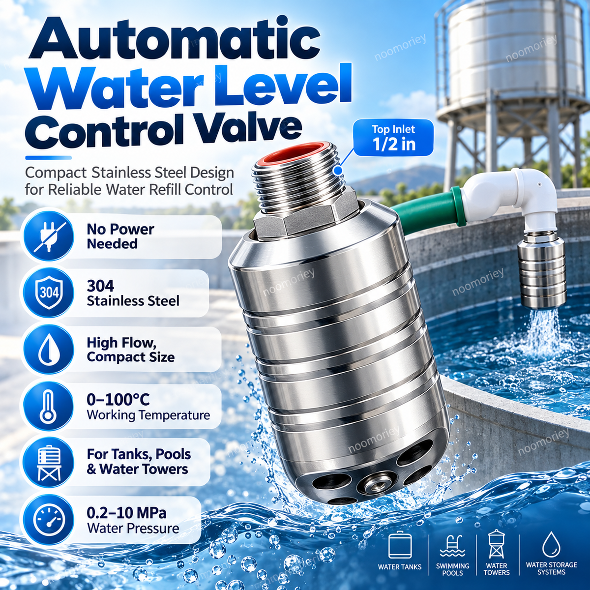 💧 Automatic Water Level Control Valve – 304 Stainless Steel No-Electricity Water Tank Refill Valve, 1/2" Threaded Inlet