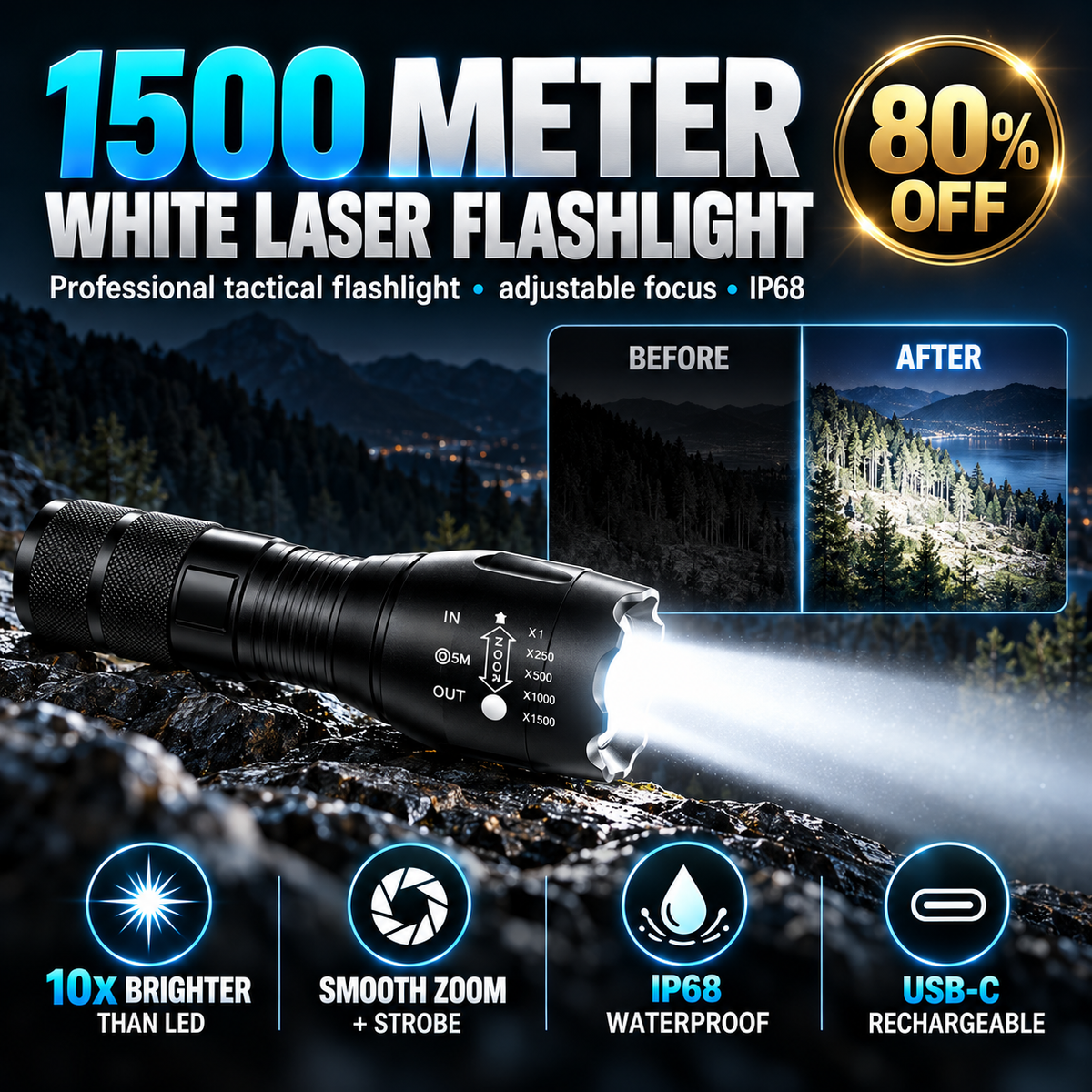 🔦 Rechargeable Zoom Flashlight for Camping & Home ✨