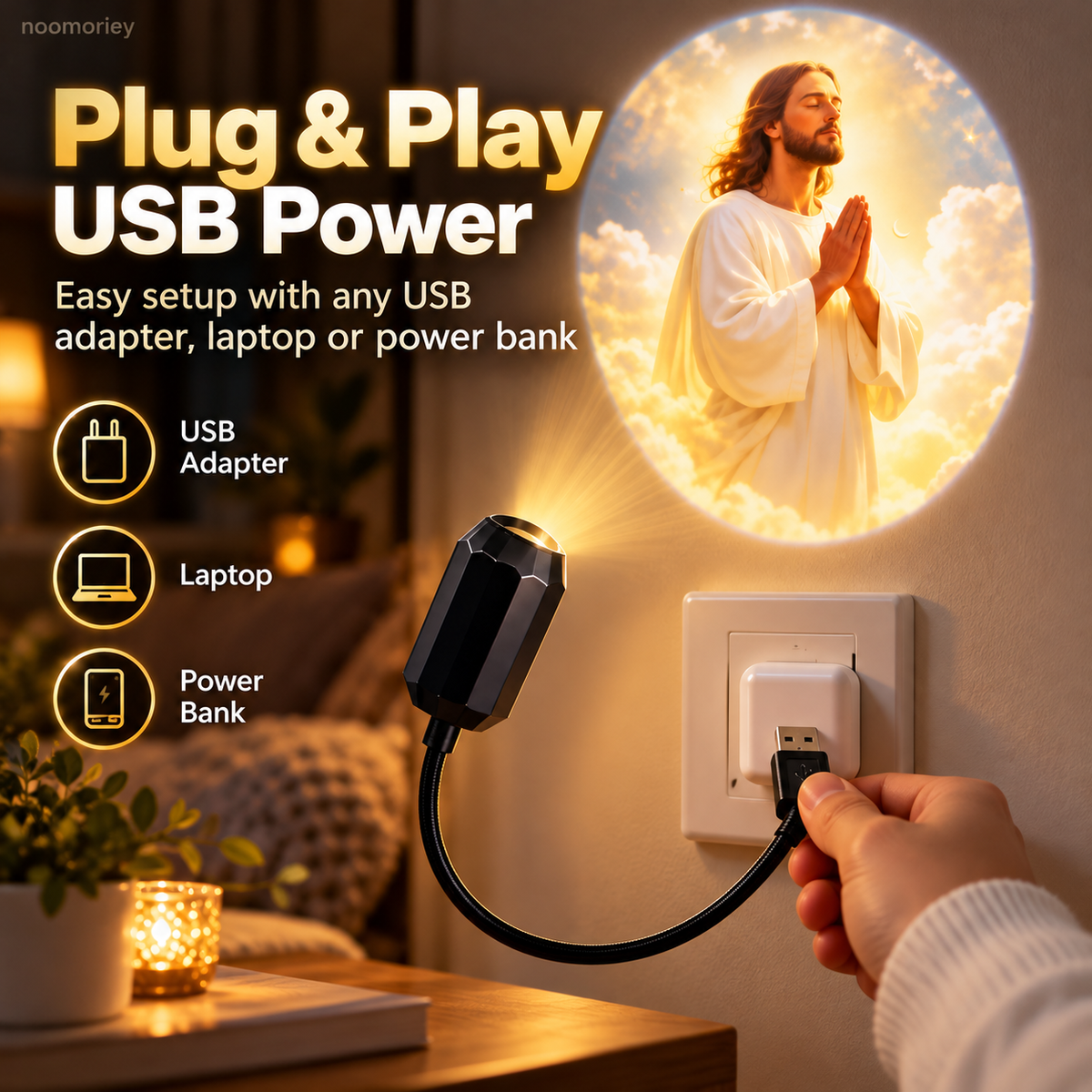 ✝️ Jesus Projection Light – 6 Faith-Inspired Patterns, 360° Rotating USB Wall Projector for Bedroom & Prayer Room