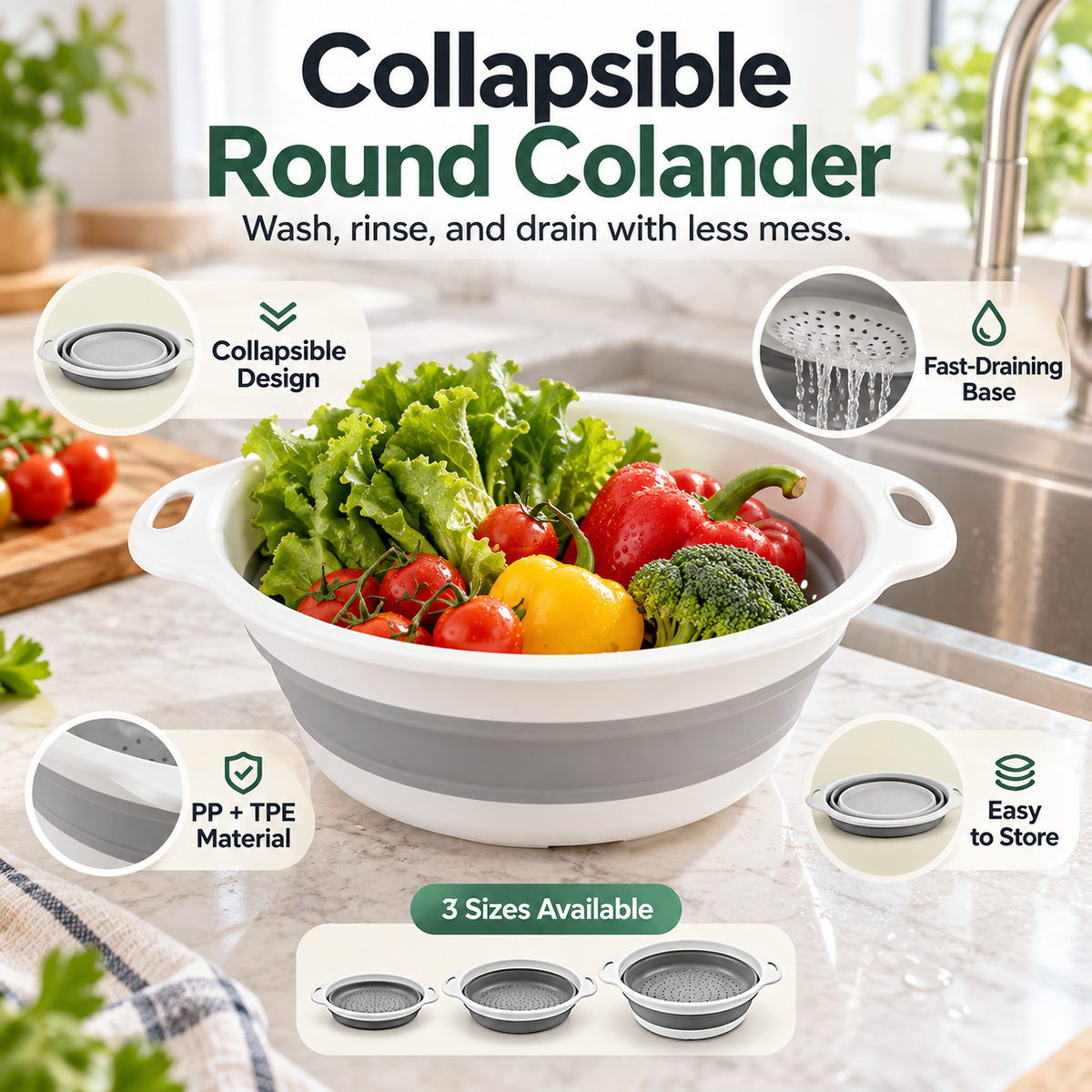 🥗 3-Piece Collapsible Colander Set – Foldable Space-Saving Kitchen Strainers
