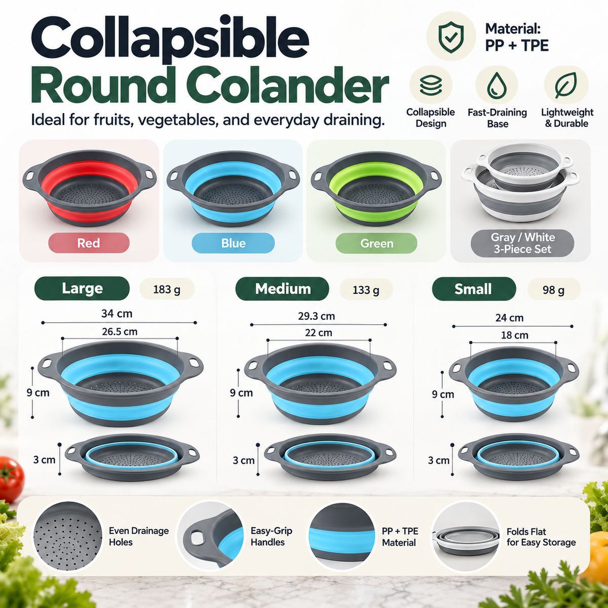 🥗 3-Piece Collapsible Colander Set – Foldable Space-Saving Kitchen Strainers