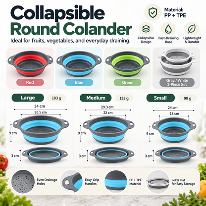 🥗 3-Piece Collapsible Colander Set – Foldable Space-Saving Kitchen Strainers