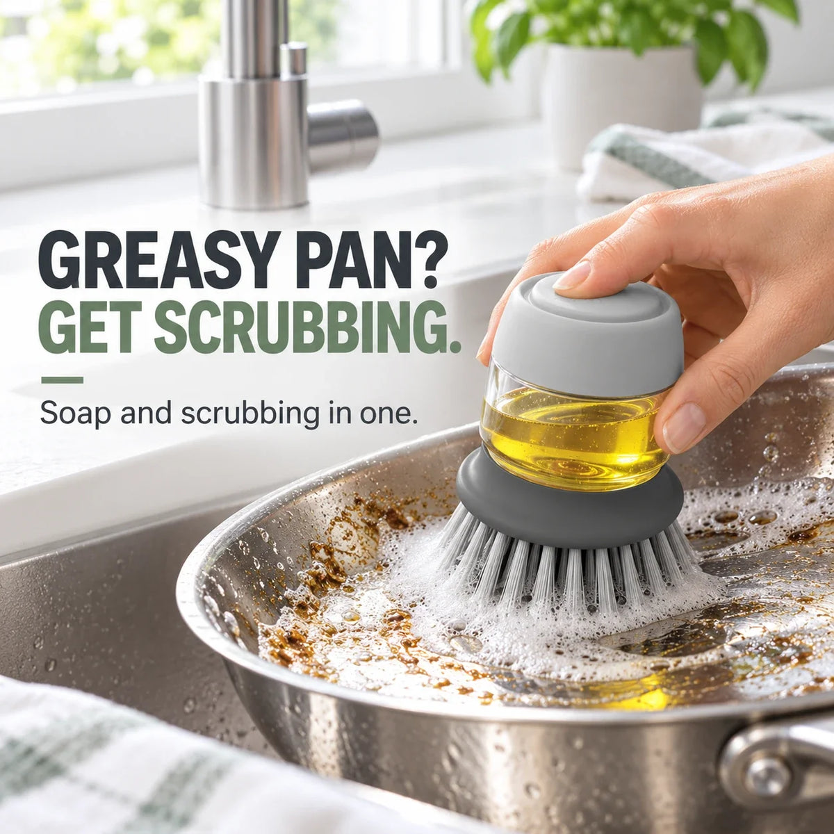 Soap Dispensing Dish Brush with Stand 🫧 Press. Scrub. Done.