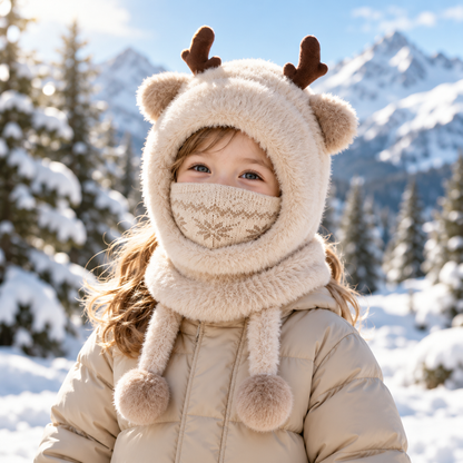 Cute Antler Kids Thermal Hooded Scarf & Face Mask Set 🦌