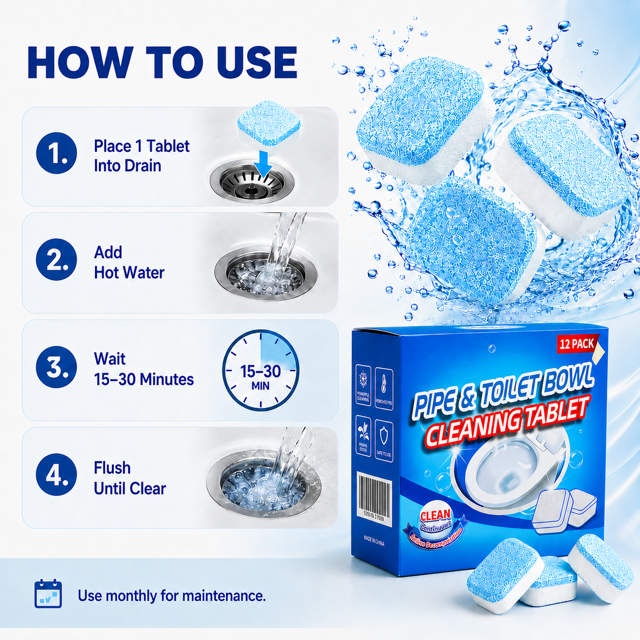💥🫧Drain Cleaning Tablets 12 Pack For Sinks, Showers & Washing Machines