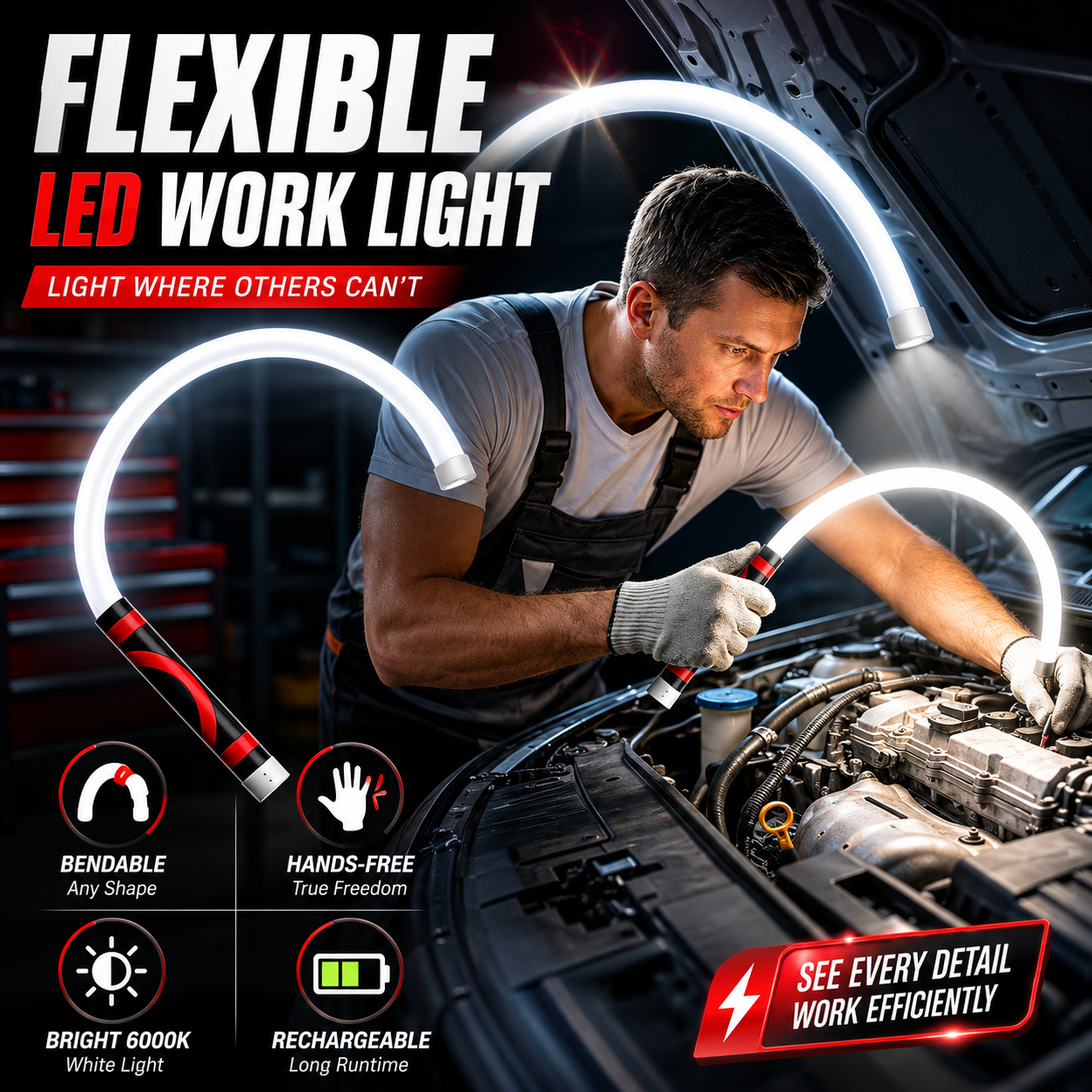 Flexible LED Light Stick 30", Rechargeable Bendable Work Light with 3 Modes High Lumen