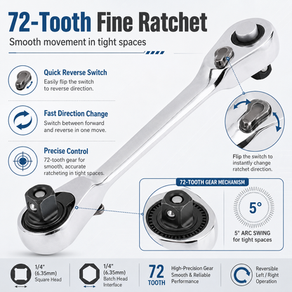 1/4 Inch Mini Double Headed Ratchet Wrench Silver 72-Tooth 5° Quick Release Drive Socket Tool
