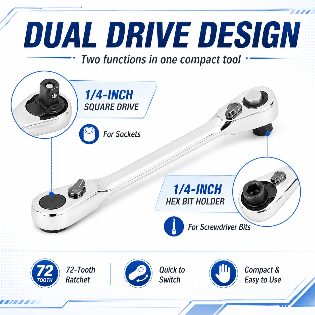 1/4 Inch Mini Double Headed Ratchet Wrench Silver 72-Tooth 5° Quick Release Drive Socket Tool
