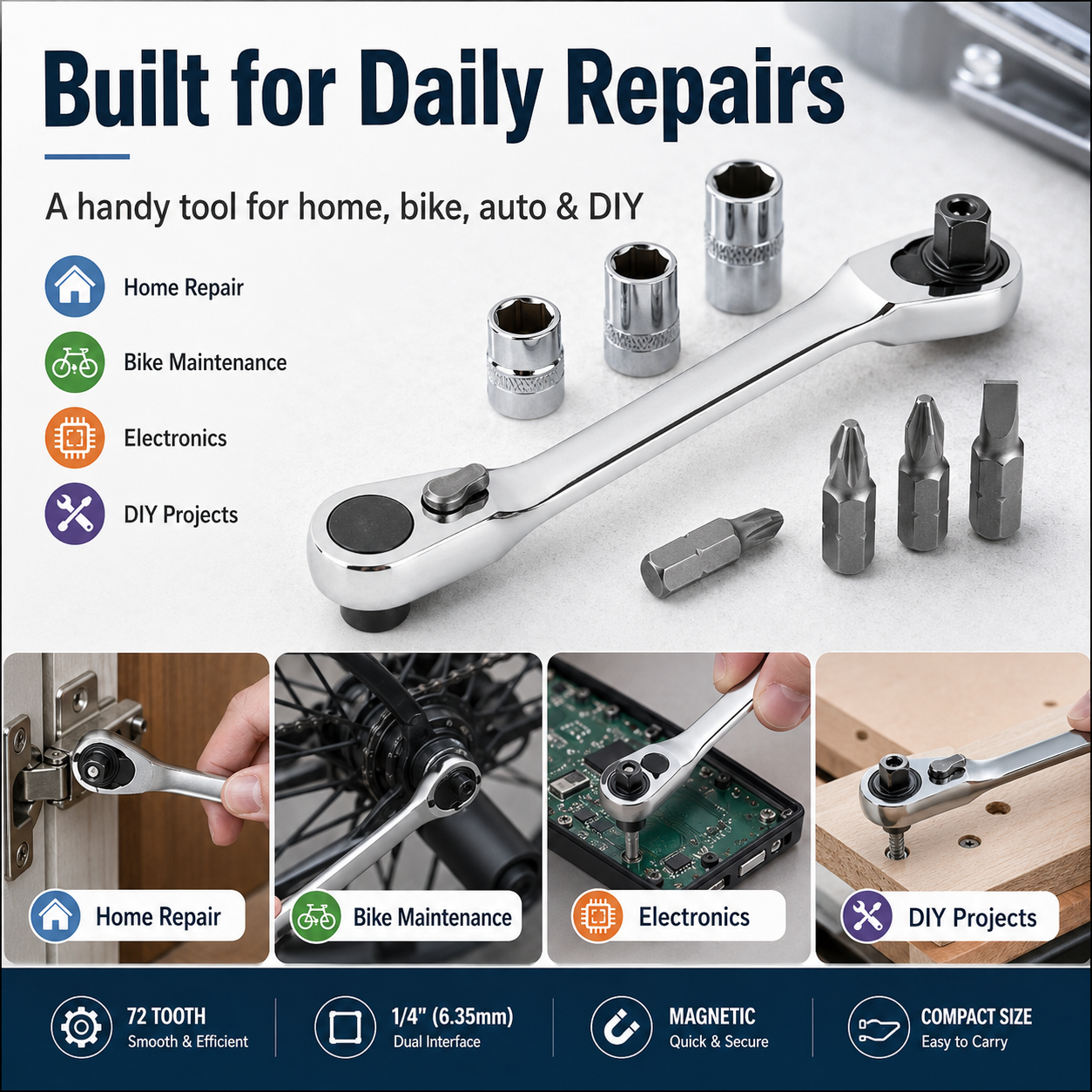 1/4 Inch Mini Double Headed Ratchet Wrench Silver 72-Tooth 5° Quick Release Drive Socket Tool