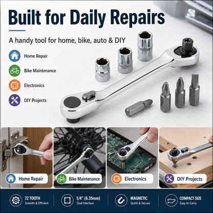 1/4 Inch Mini Double Headed Ratchet Wrench Silver 72-Tooth 5° Quick Release Drive Socket Tool