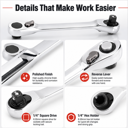 1/4 Inch Mini Double Headed Ratchet Wrench Silver 72-Tooth 5° Quick Release Drive Socket Tool