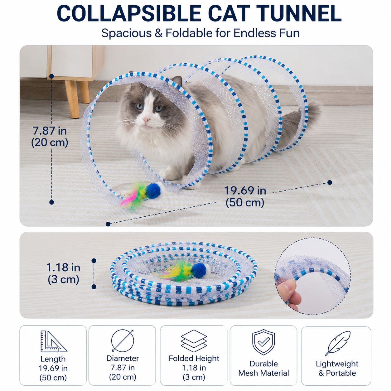 Cat Self Play Spiral Kitten Collapsible Spring Tunnel Toy for Indoor Cats with Feather and Bell