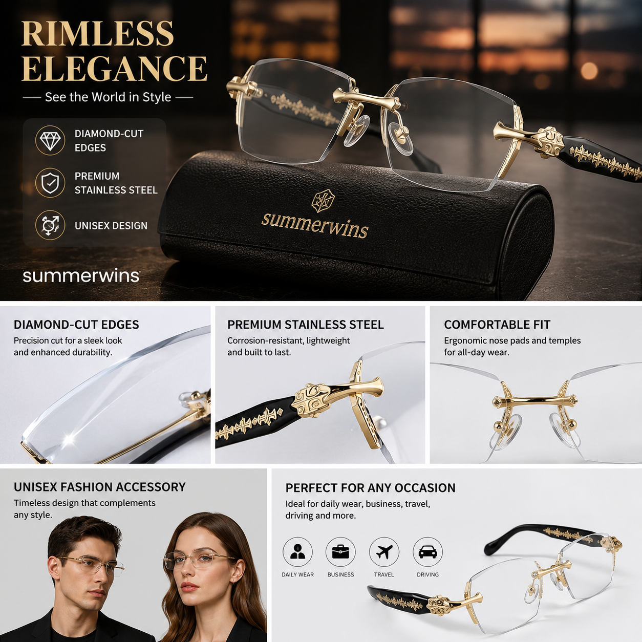 Rimless High Quality Eyewear,Anti Blue Light Rimless Reading Glasses for Men & Women