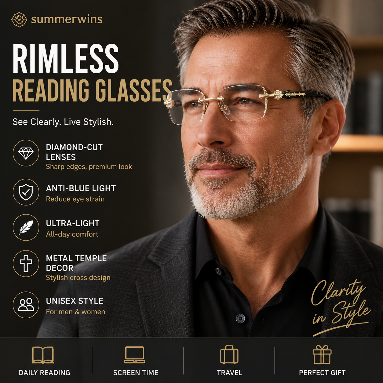 Rimless High Quality Eyewear,Anti Blue Light Rimless Reading Glasses for Men & Women