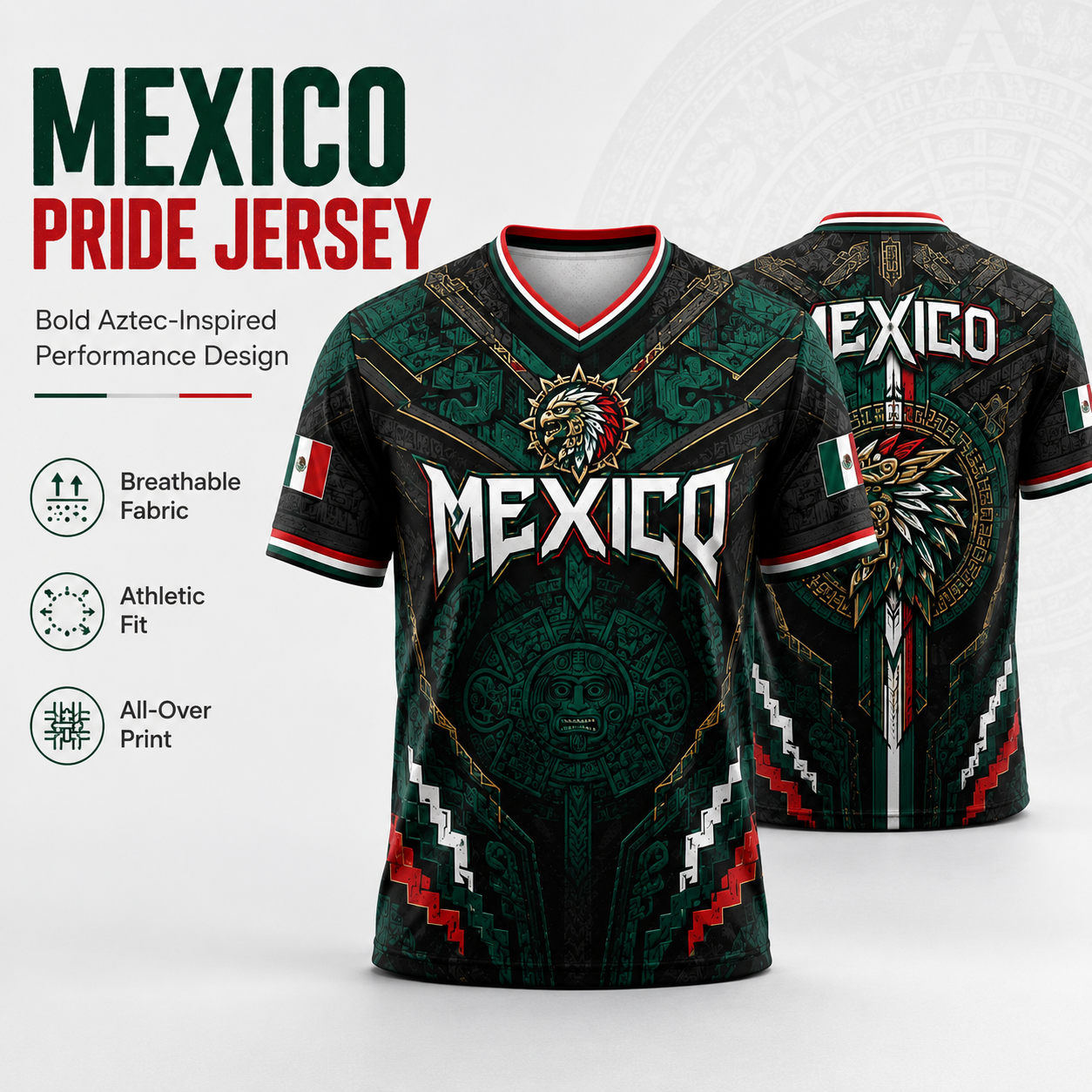 2026 New Mexico Eagle Warrior V-Neck Sports Jersey, Aztec Calendar Graphic Short Sleeve Shirt for Men, Green Black Soccer Fan Tee,summerwins