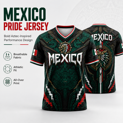 2026 New Mexico Eagle Warrior V-Neck Sports Jersey, Aztec Calendar Graphic Short Sleeve Shirt for Men, Green Black Soccer Fan Tee,summerwins