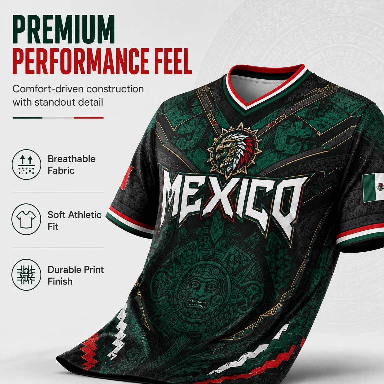 2026 New Mexico Eagle Warrior V-Neck Sports Jersey, Aztec Calendar Graphic Short Sleeve Shirt for Men, Green Black Soccer Fan Tee,summerwins