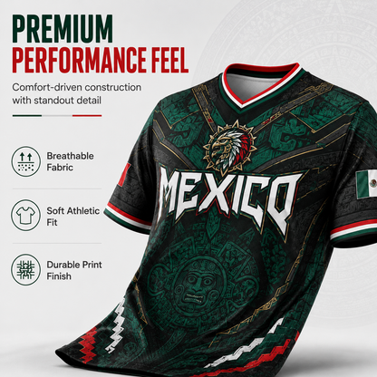 2026 New Mexico Eagle Warrior V-Neck Sports Jersey, Aztec Calendar Graphic Short Sleeve Shirt for Men, Green Black Soccer Fan Tee,summerwins