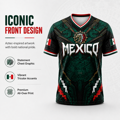 2026 New Mexico Eagle Warrior V-Neck Sports Jersey, Aztec Calendar Graphic Short Sleeve Shirt for Men, Green Black Soccer Fan Tee,summerwins