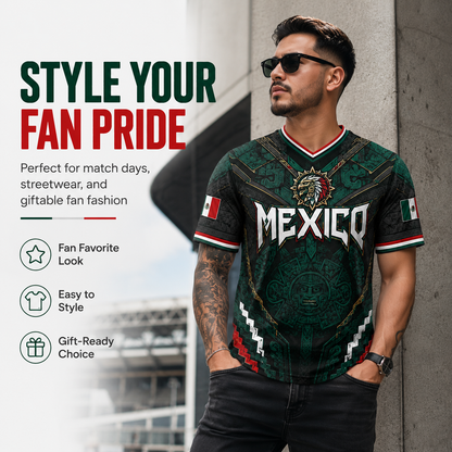 2026 New Mexico Eagle Warrior V-Neck Sports Jersey, Aztec Calendar Graphic Short Sleeve Shirt for Men, Green Black Soccer Fan Tee,summerwins