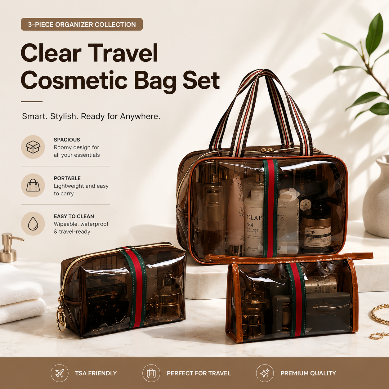 3-Piece Vintage Cosmetic Bag Set – Large Capacity Waterproof Makeup & Toiletry Organizer for Travel