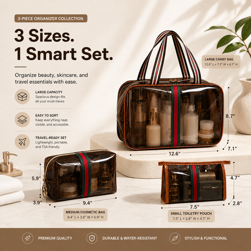 3-Piece Vintage Cosmetic Bag Set – Large Capacity Waterproof Makeup & Toiletry Organizer for Travel