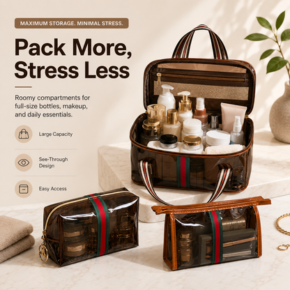 3-Piece Vintage Cosmetic Bag Set – Large Capacity Waterproof Makeup & Toiletry Organizer for Travel