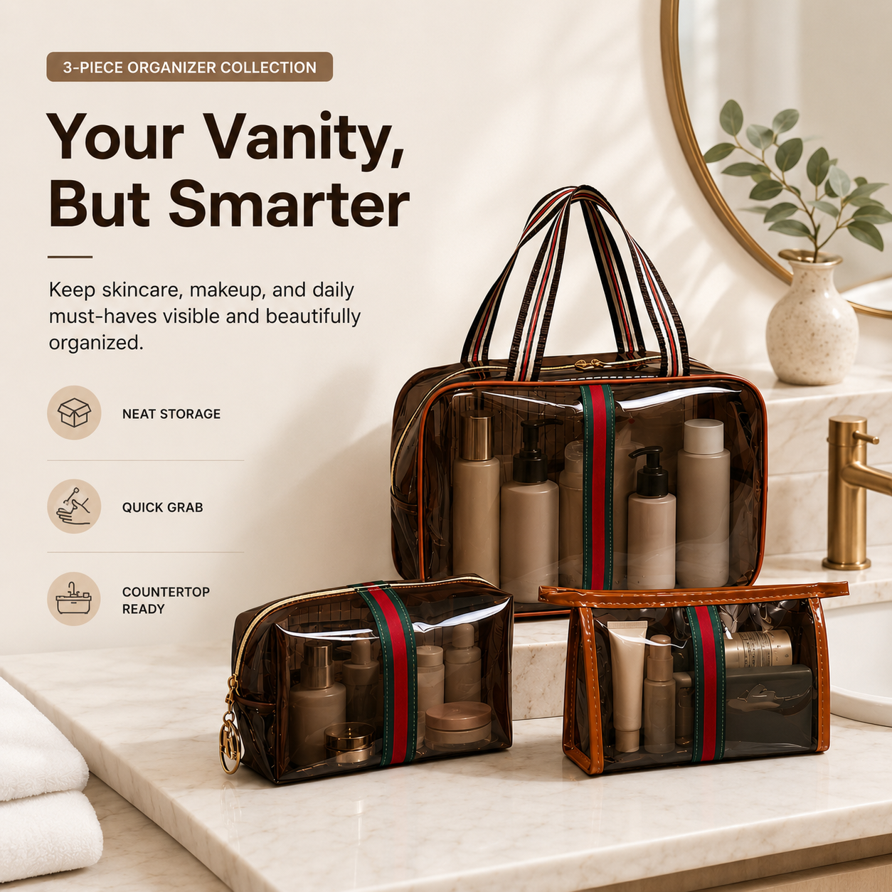 3-Piece Vintage Cosmetic Bag Set – Large Capacity Waterproof Makeup & Toiletry Organizer for Travel